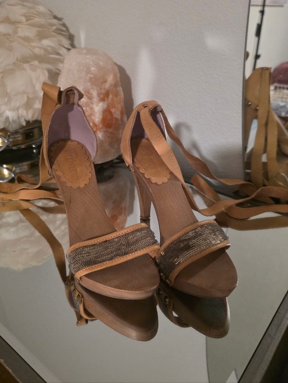RED Valentino Tan Lace-Up Platform Heels with Metallic Beaded Strap